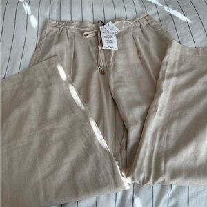 Zara linen wide leg elastic band/ Drawstring Pants in Oatmeal SZ XL NWT